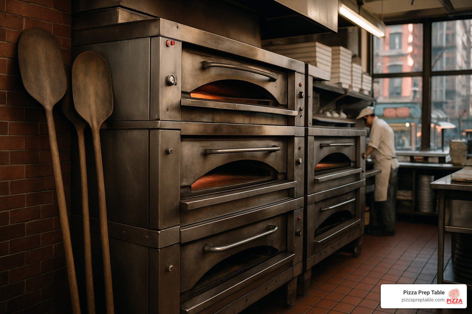 Row of classic deck ovens in a New York pizzeria kitchen - pizza supplies in New York