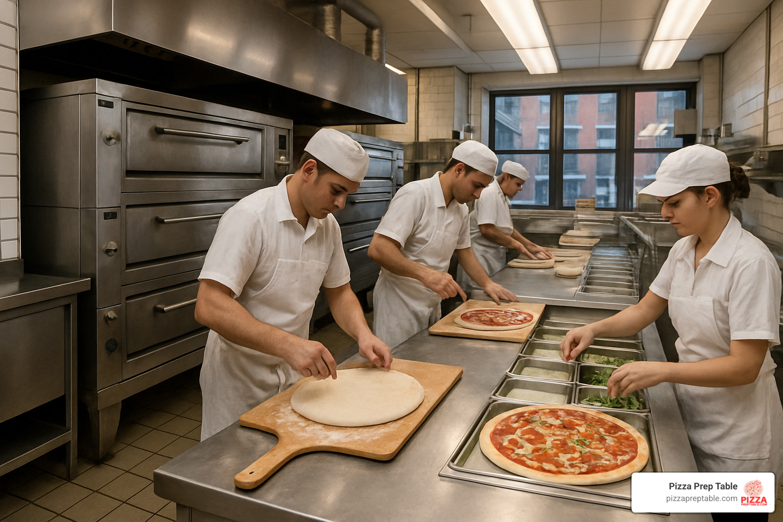 Commercial pizza kitchen with deck ovens and prep tables - pizza supplies in New York