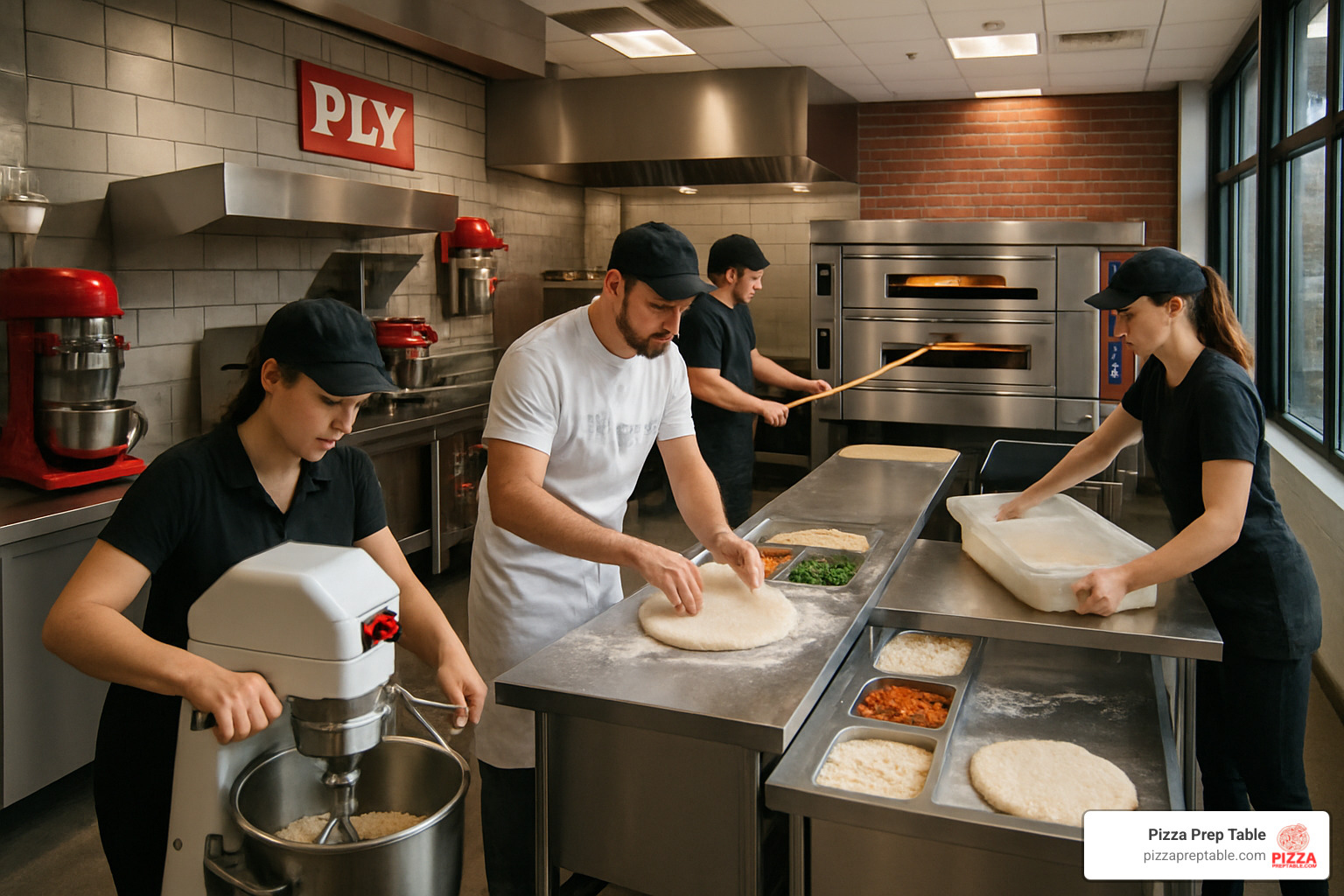 Supplier demonstration kitchen showing pizza equipment in action - pizza supplies in New York