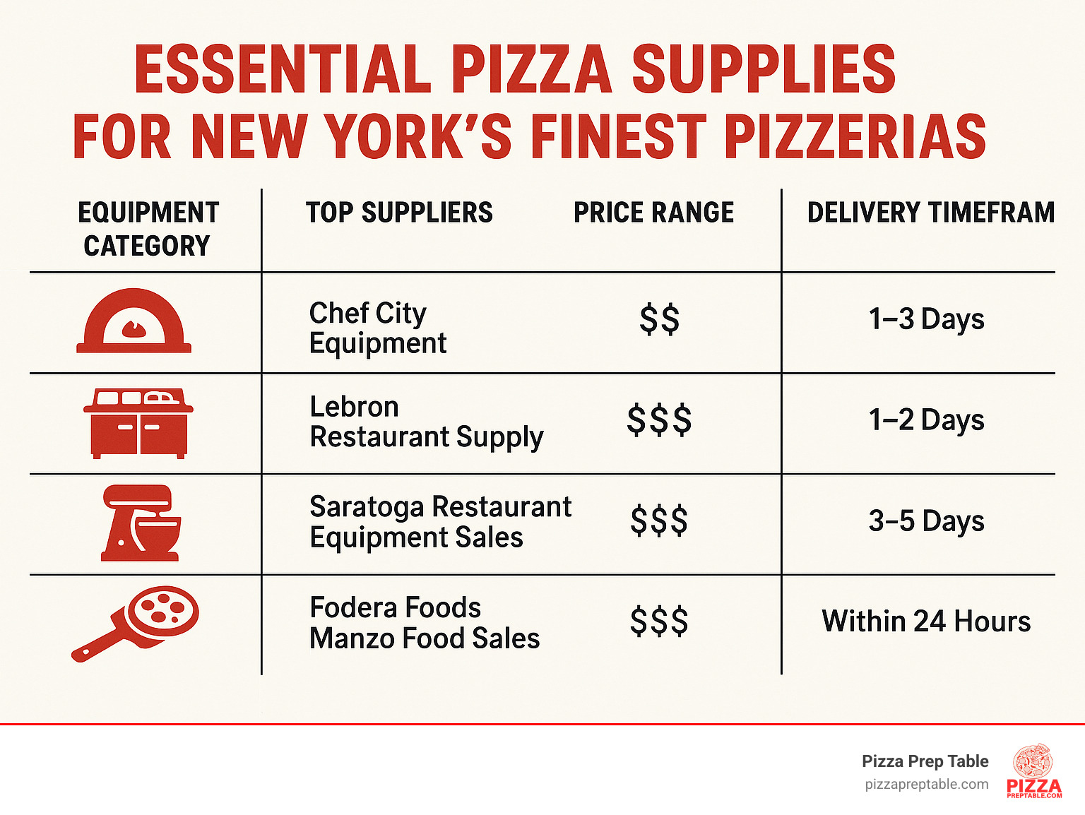 Comprehensive chart showing essential pizza supplies for New York pizzerias, including equipment categories, top suppliers, price ranges, and delivery timeframes for the NYC area - pizza supplies in New York infographic 