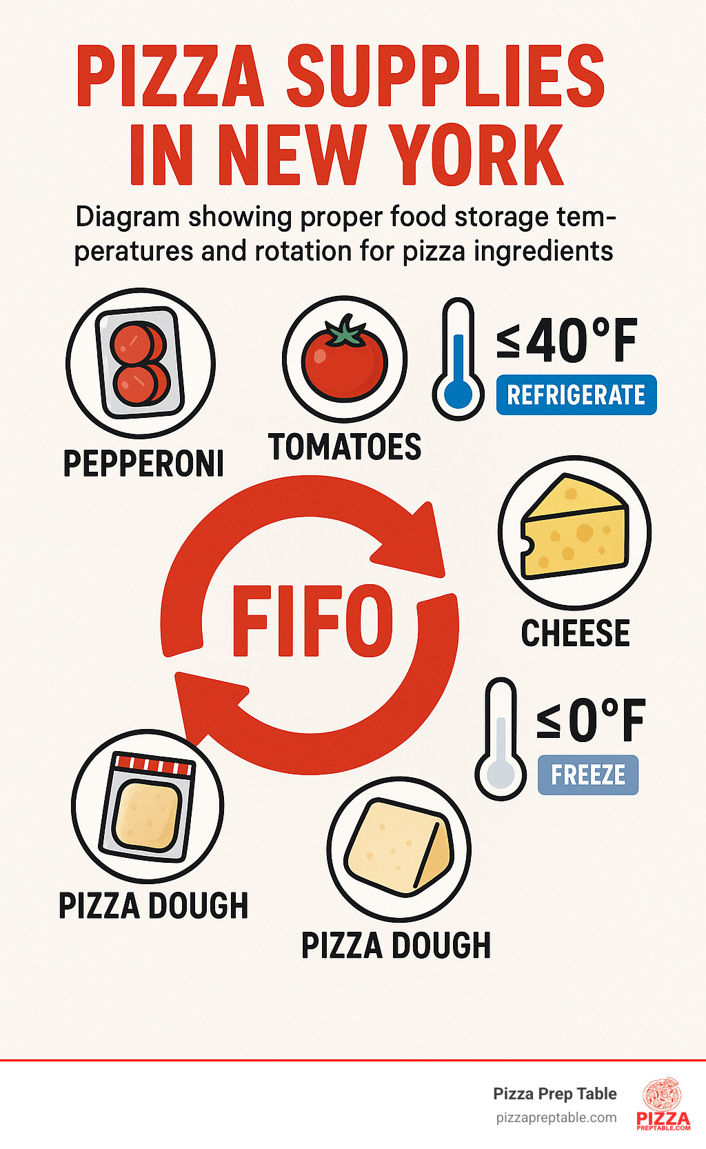 Diagram showing proper food storage temperatures and rotation for pizza ingredients - pizza supplies in New York infographic 