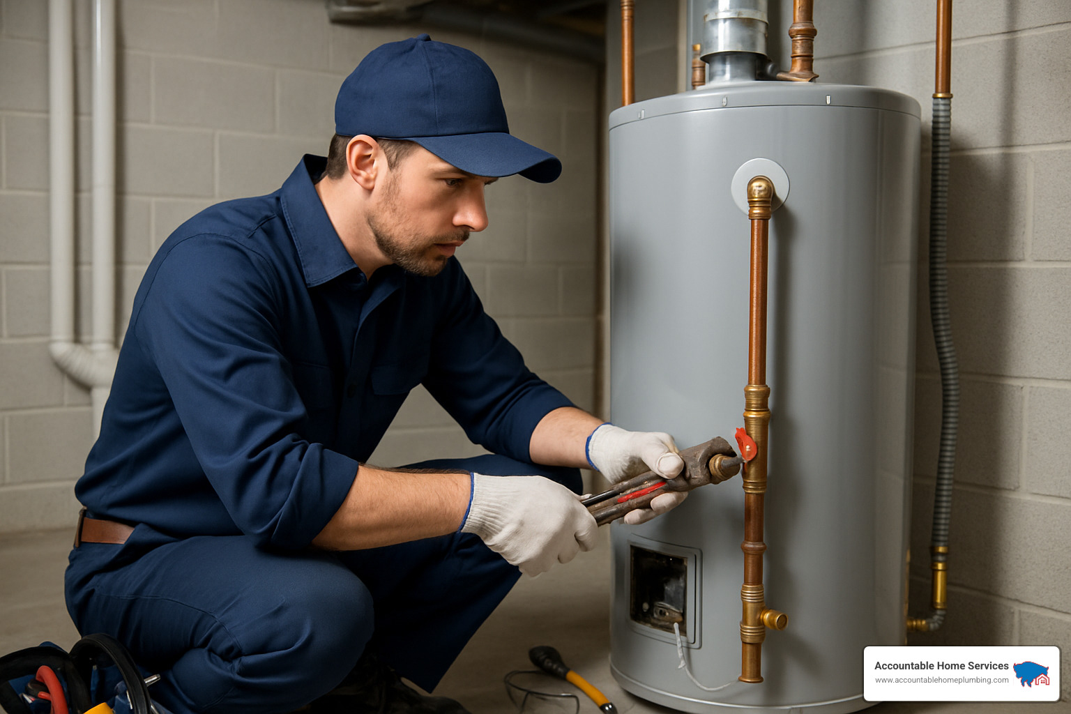 plumber repairing a water heater - plumbing contractors near me