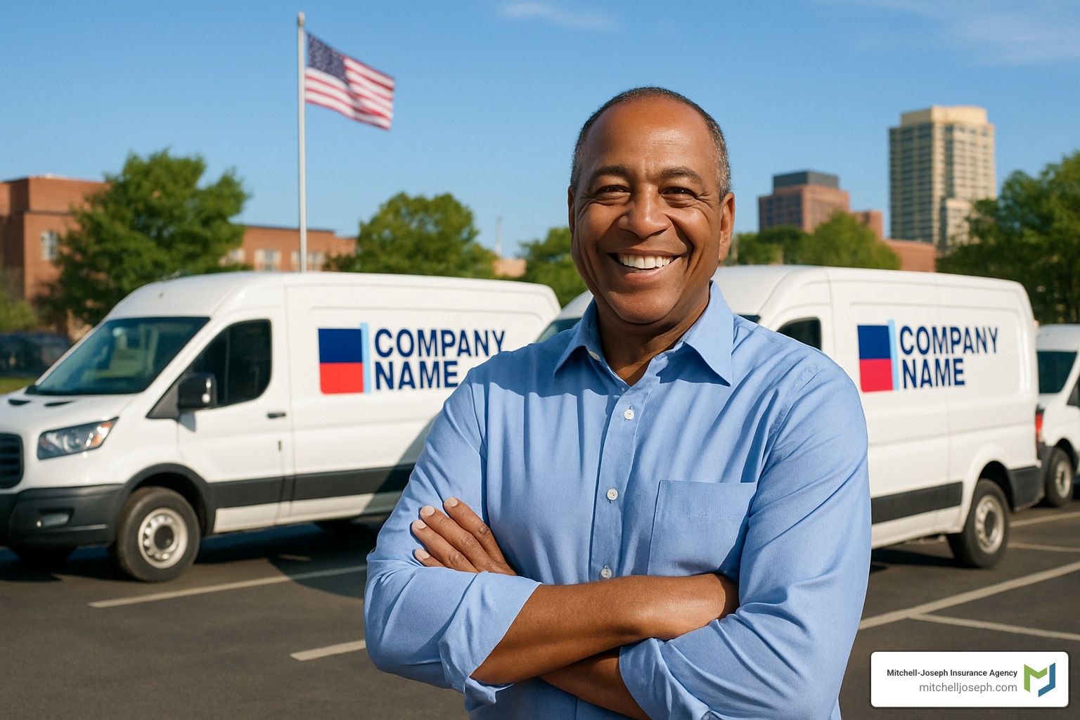 Happy business owner standing with company fleet - auto insurance for business owners