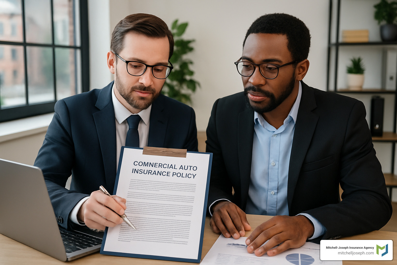Insurance agent reviewing policy with business owner - auto insurance for business owners