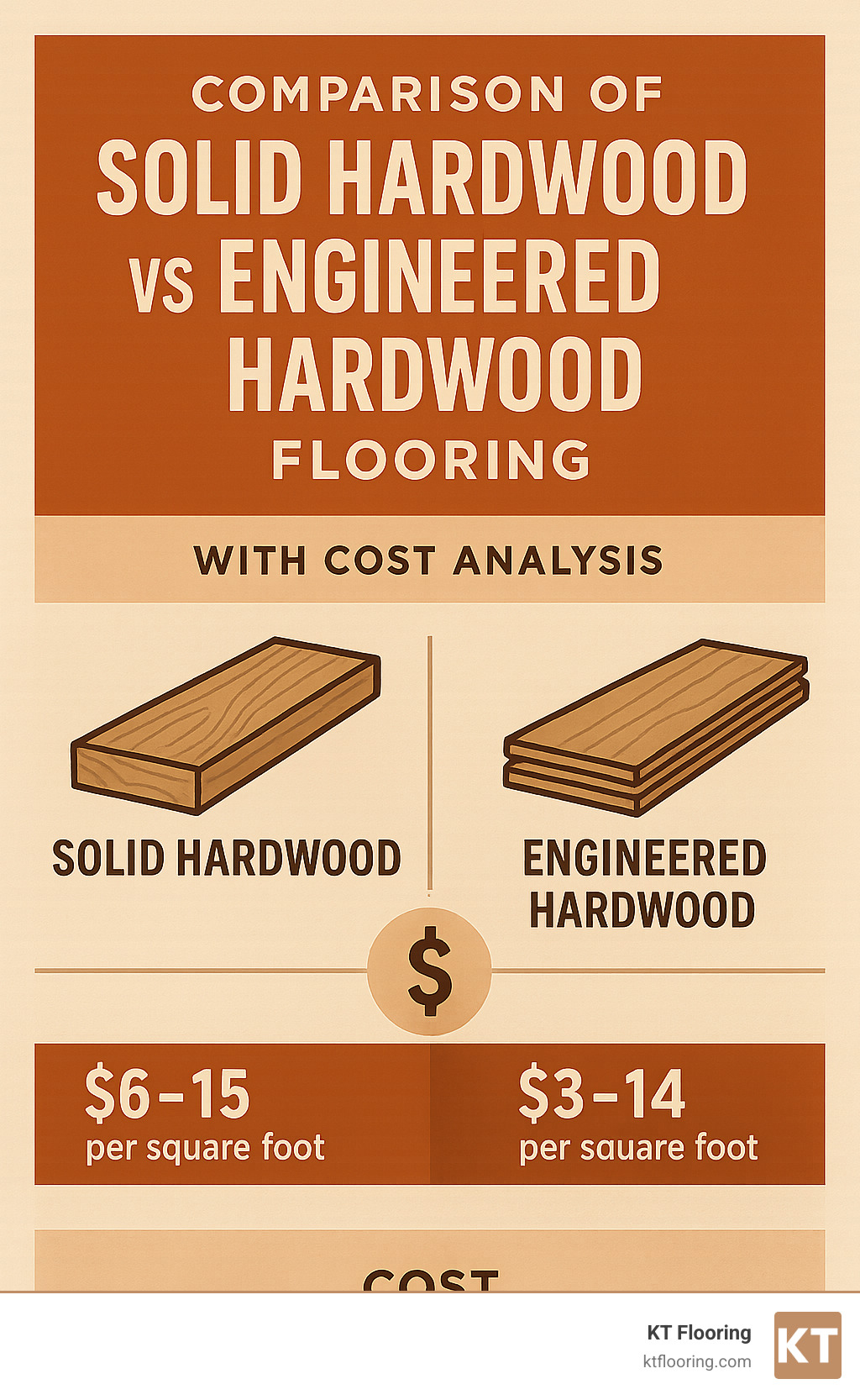 Comparison of solid hardwood vs engineered hardwood flooring with cost analysis - installation cost for hardwood flooring infographic 