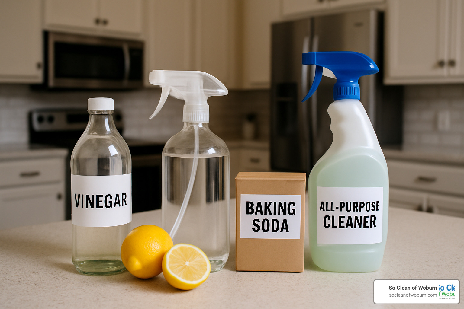 DIY cleaner ingredients next to commercial cleaners - all purpose cleaners