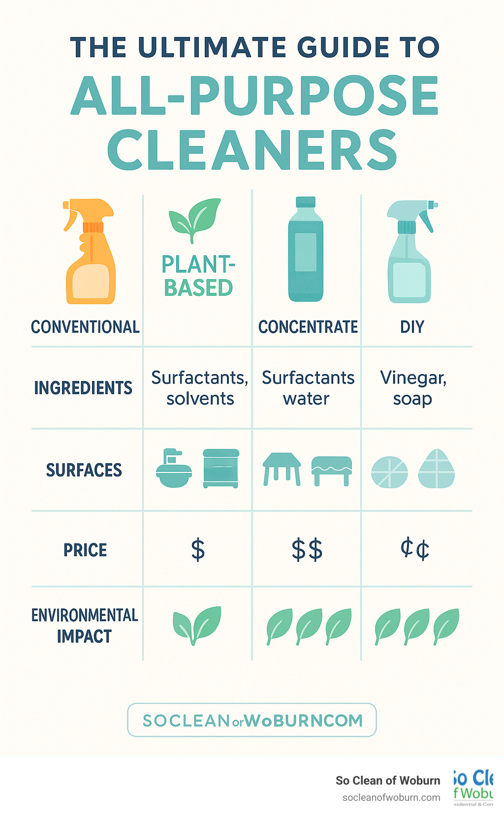 Infographic showing different types of all-purpose cleaners, their ingredients, compatible surfaces, average prices, and environmental impact ratings. The graphic includes comparison between conventional, plant-based, concentrate, and DIY cleaners with visual icons for effectiveness on different surfaces. - all purpose cleaners infographic