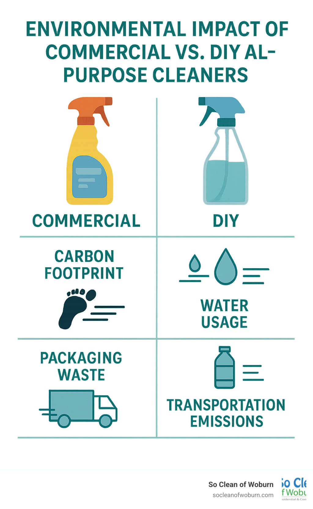 Infographic comparing the environmental impact of commercial vs DIY cleaners, showing carbon footprint, water usage, packaging waste, and transportation emissions across the lifecycle of each option - all purpose cleaners infographic
