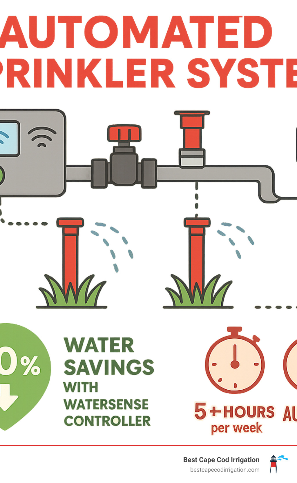 Infographic showing automated sprinkler system components including controller, valves, pipes, sprinkler heads, sensors, and their connectivity, with data showing 20% water savings with WaterSense controllers and comparison of manual vs automated watering time investment - automated sprinkler system infographic 