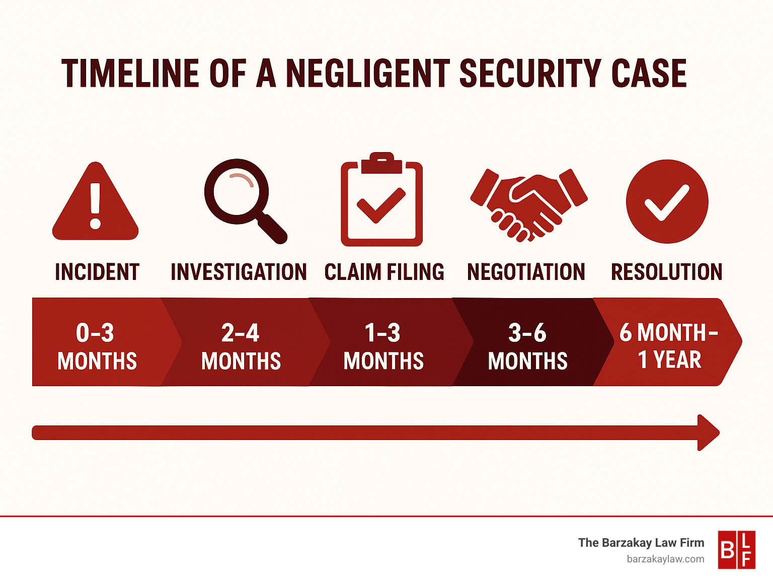 Timeline of a Negligent Security Case showing incident, investigation, claim filing, negotiation, and resolution phases with typical timeframes - inadequate security lawyers infographic 