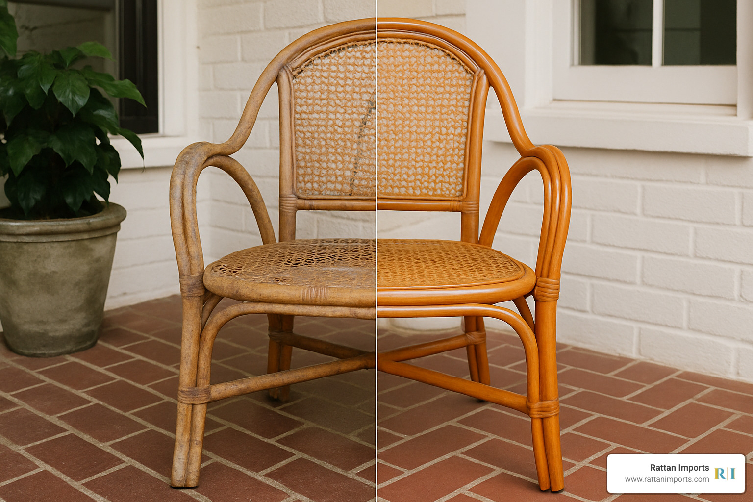 restored vintage rattan chair before and after repair - rattan furniture repair atlanta