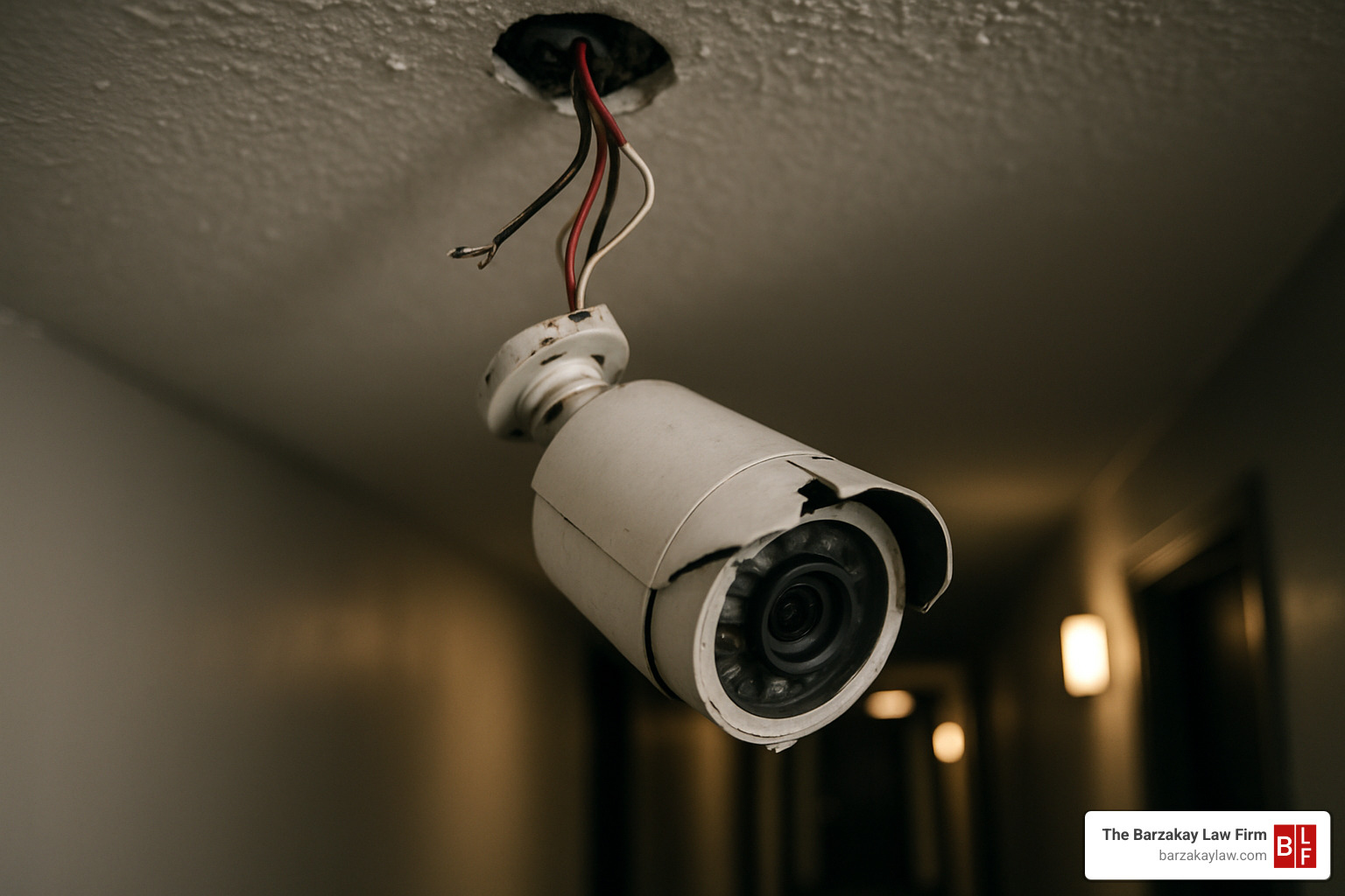 broken security camera hanging from ceiling - inadequate security lawyers