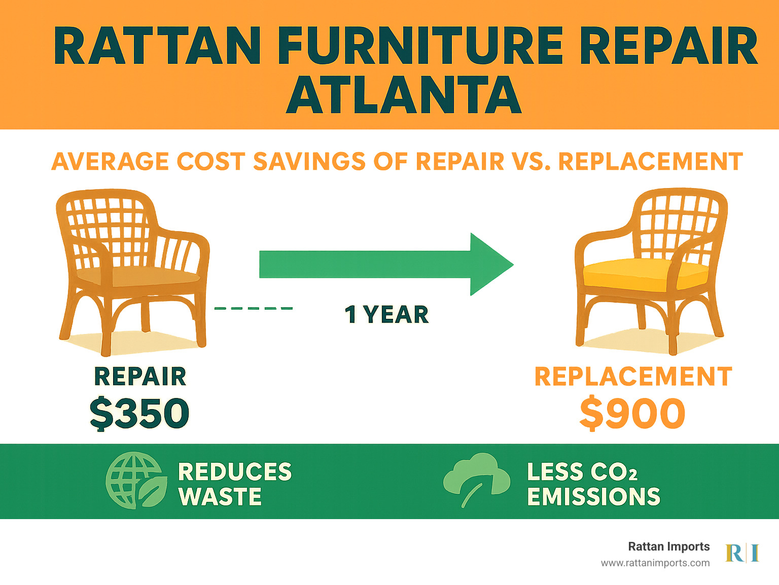 Comparison chart showing average cost savings of repair vs replacement for rattan furniture in Atlanta, with timeline and environmental impact metrics - rattan furniture repair atlanta infographic 