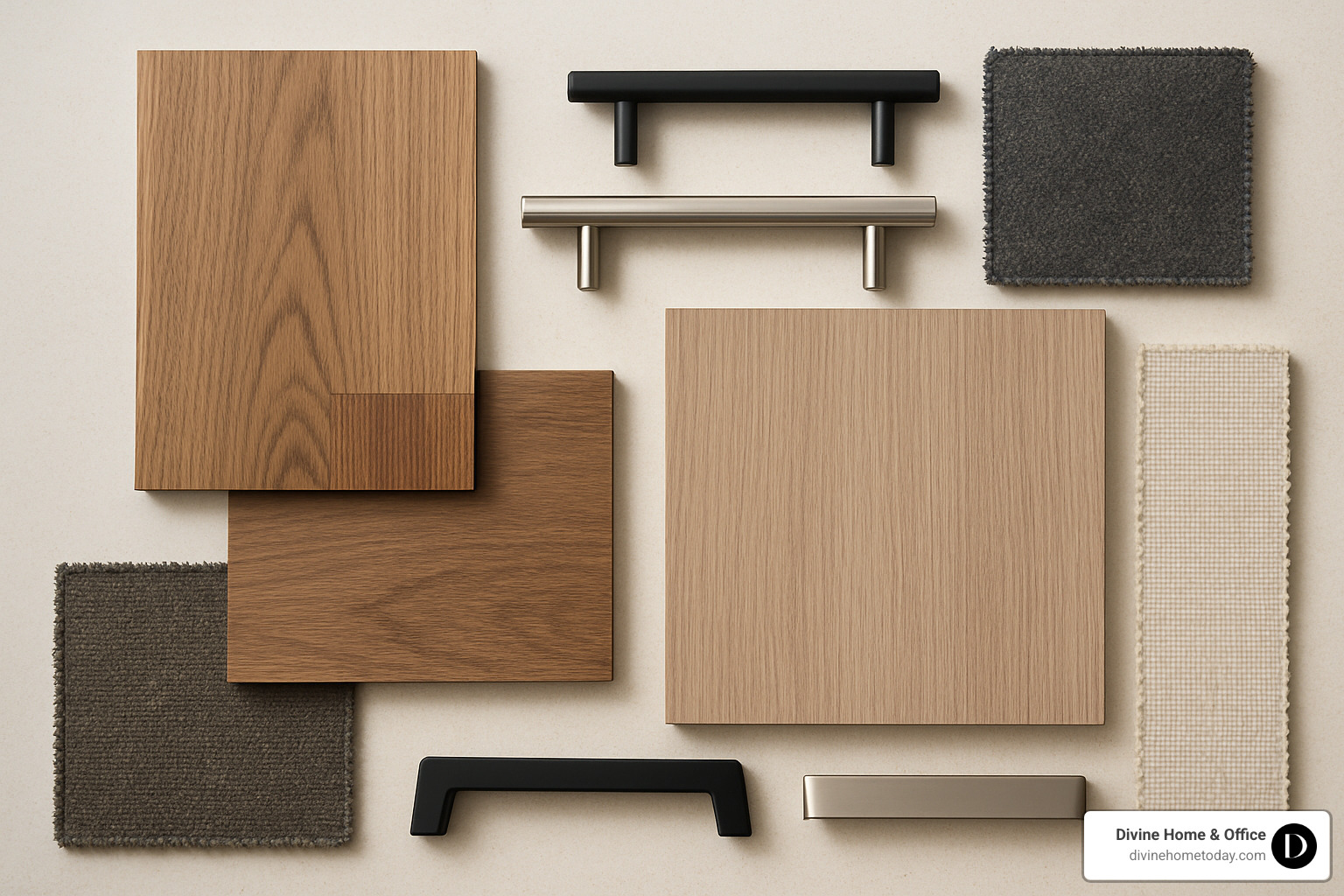 curated material board showing custom closet finishes and hardware - Custom closet design Denver