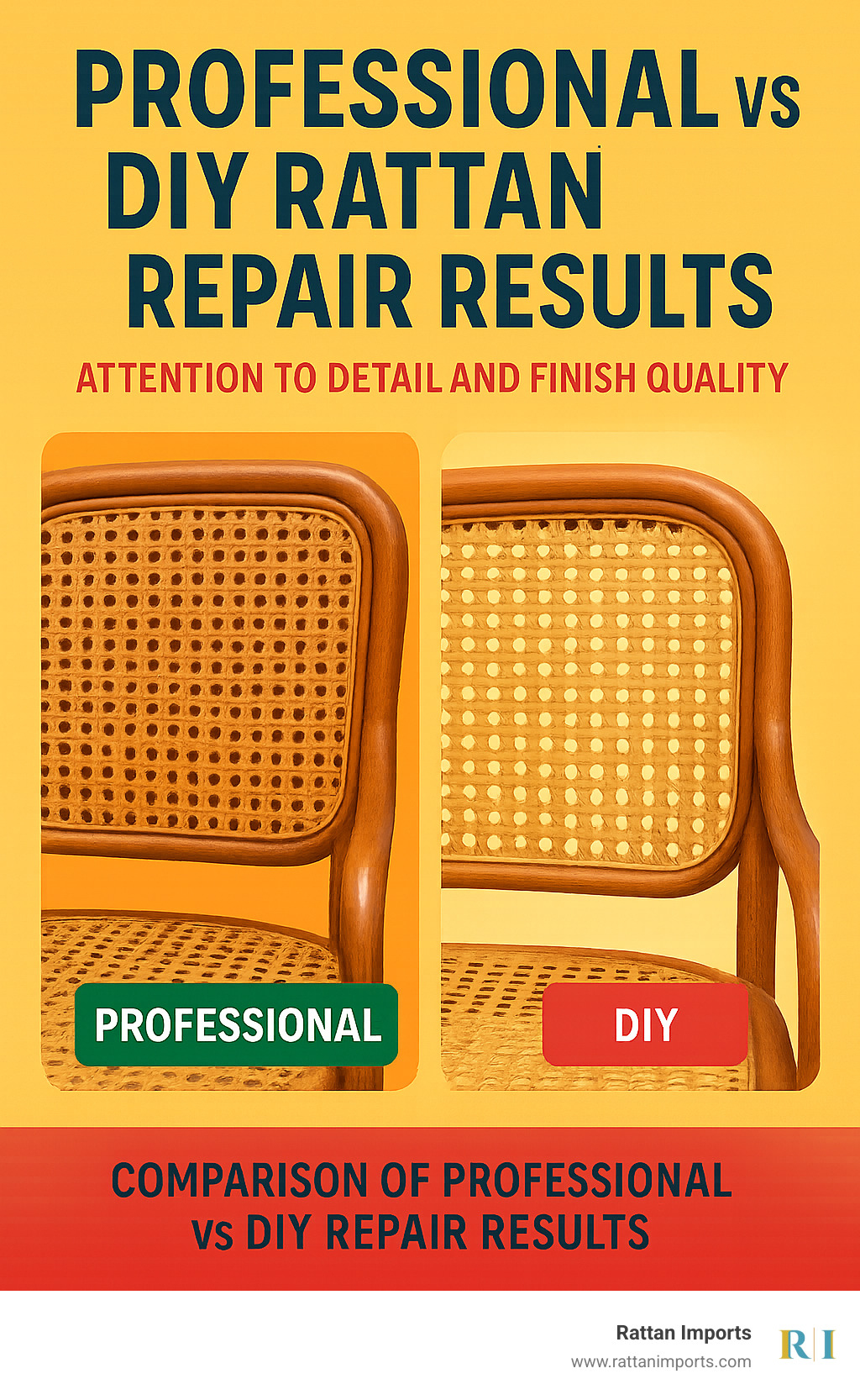 Comparison of professional vs DIY rattan repair results showing attention to detail and finish quality - rattan furniture repair atlanta infographic 