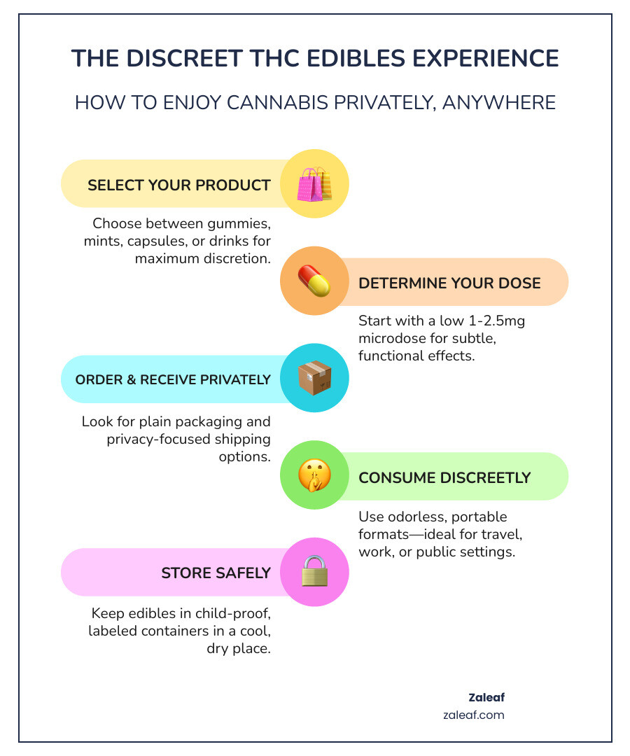 Flowchart showing the process of selecting, ordering, receiving and using discreet THC edibles - THC edibles discreet infographic infographic-line-5-steps-colors