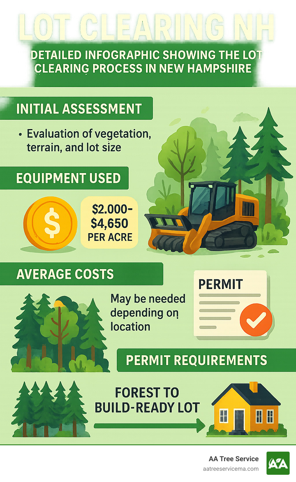 Detailed infographic showing the lot clearing process in New Hampshire, including initial assessment, equipment used, average costs, permit requirements, and timeline from forest to build-ready lot - Lot clearing NH infographic 