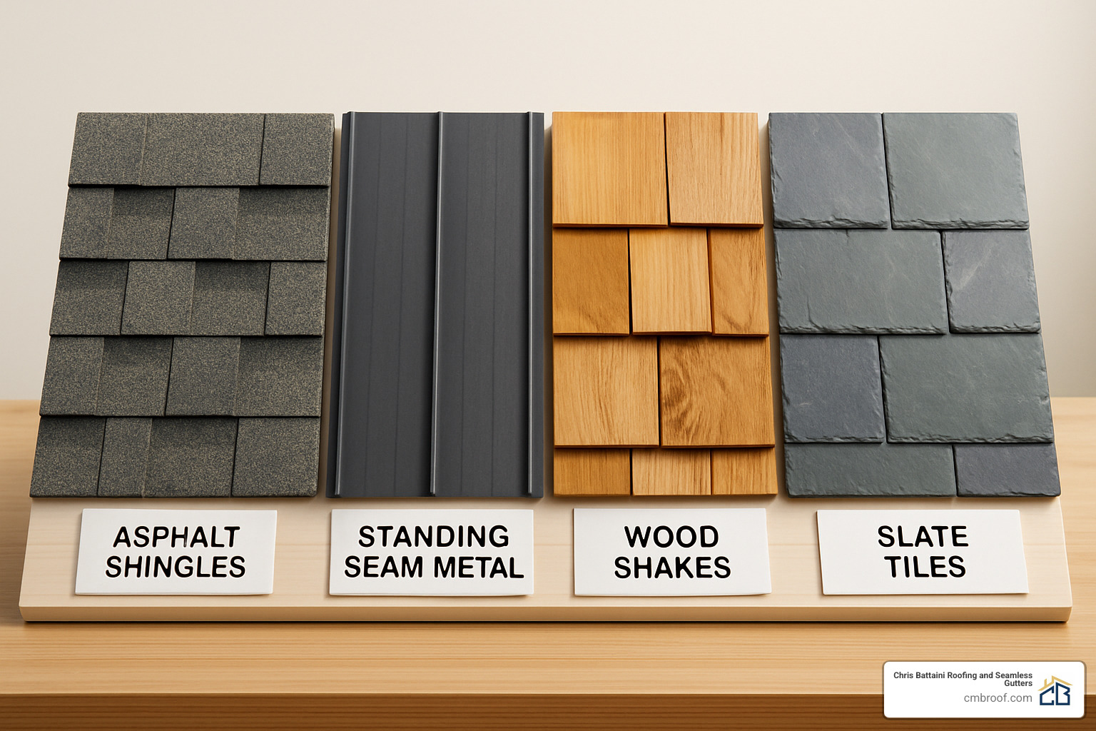 Different roofing materials samples including asphalt, metal, wood and slate - asphalt shingles cost per square