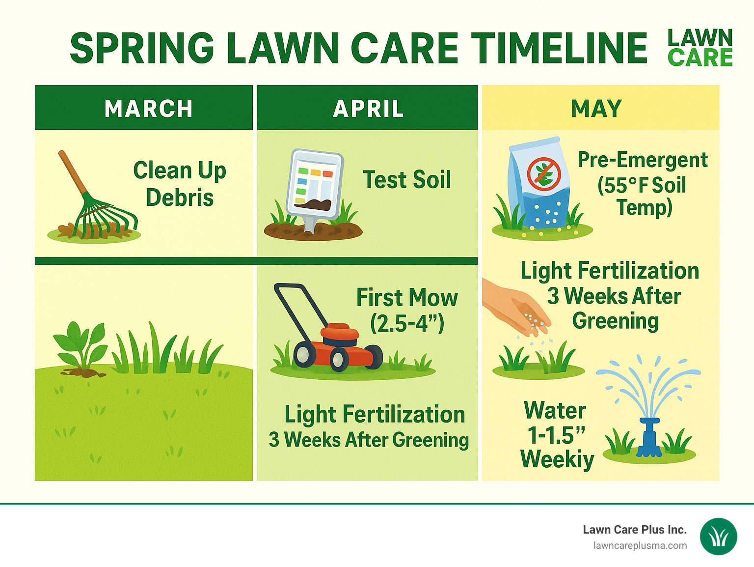 Spring lawn care timeline showing essential tasks from March through May, including debris cleanup, soil testing, first mowing at 2.5-4", pre-emergent application when soil temperature reaches 55°F, light fertilization 3 weeks after greening, and watering 1-1.5" weekly - spring lawn care infographic 