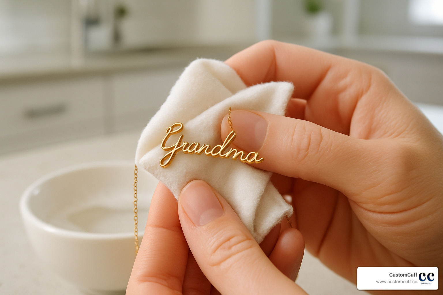 Gold handwriting necklace being gently cleaned - handwriting jewelry 14k gold