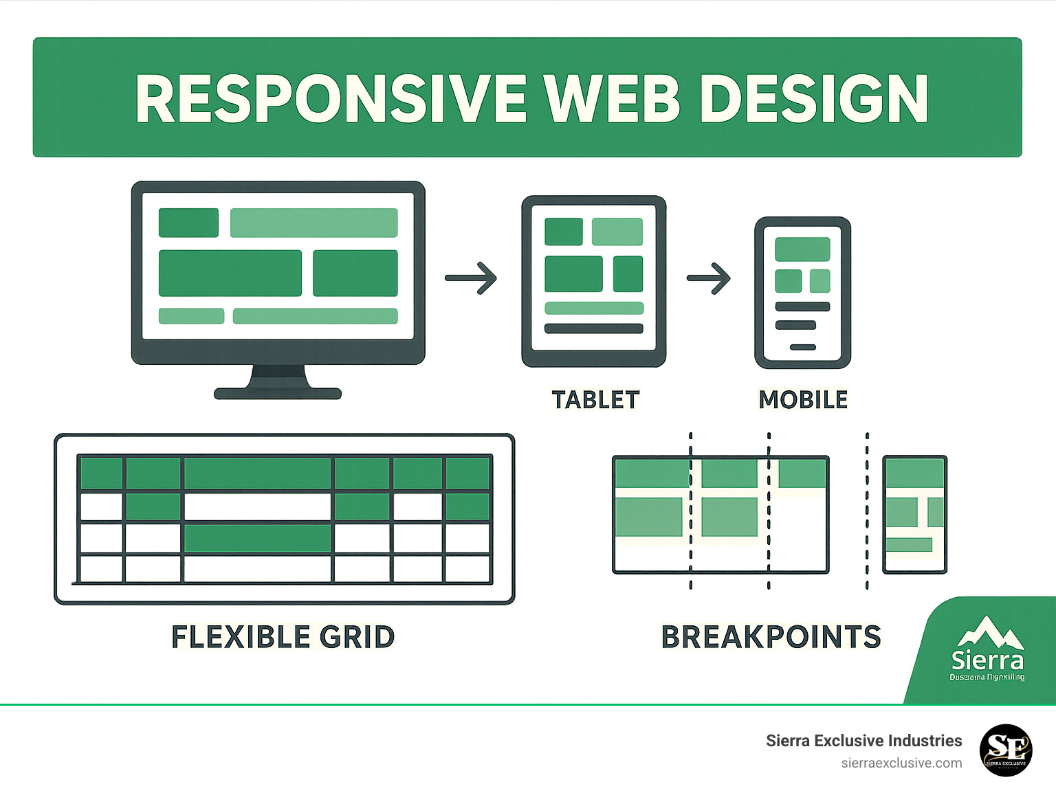 Responsive web design diagram showing how content flows and adapts across desktop, tablet, and mobile devices, with breakpoints and flexible grid illustrations - responsive web design infographic 