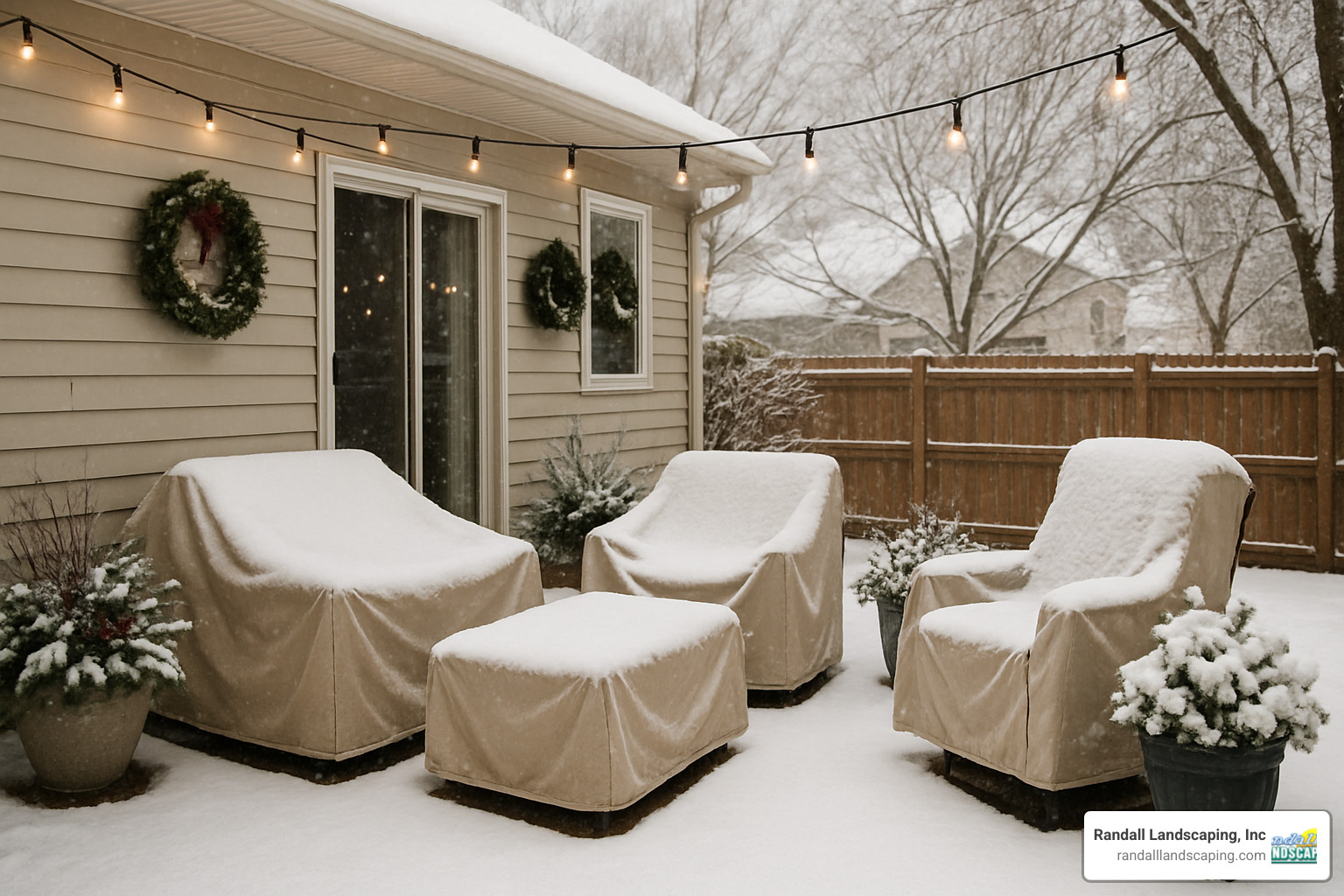 snow-covered patio with protective covering and winter decorations - Patio design Methuen MA