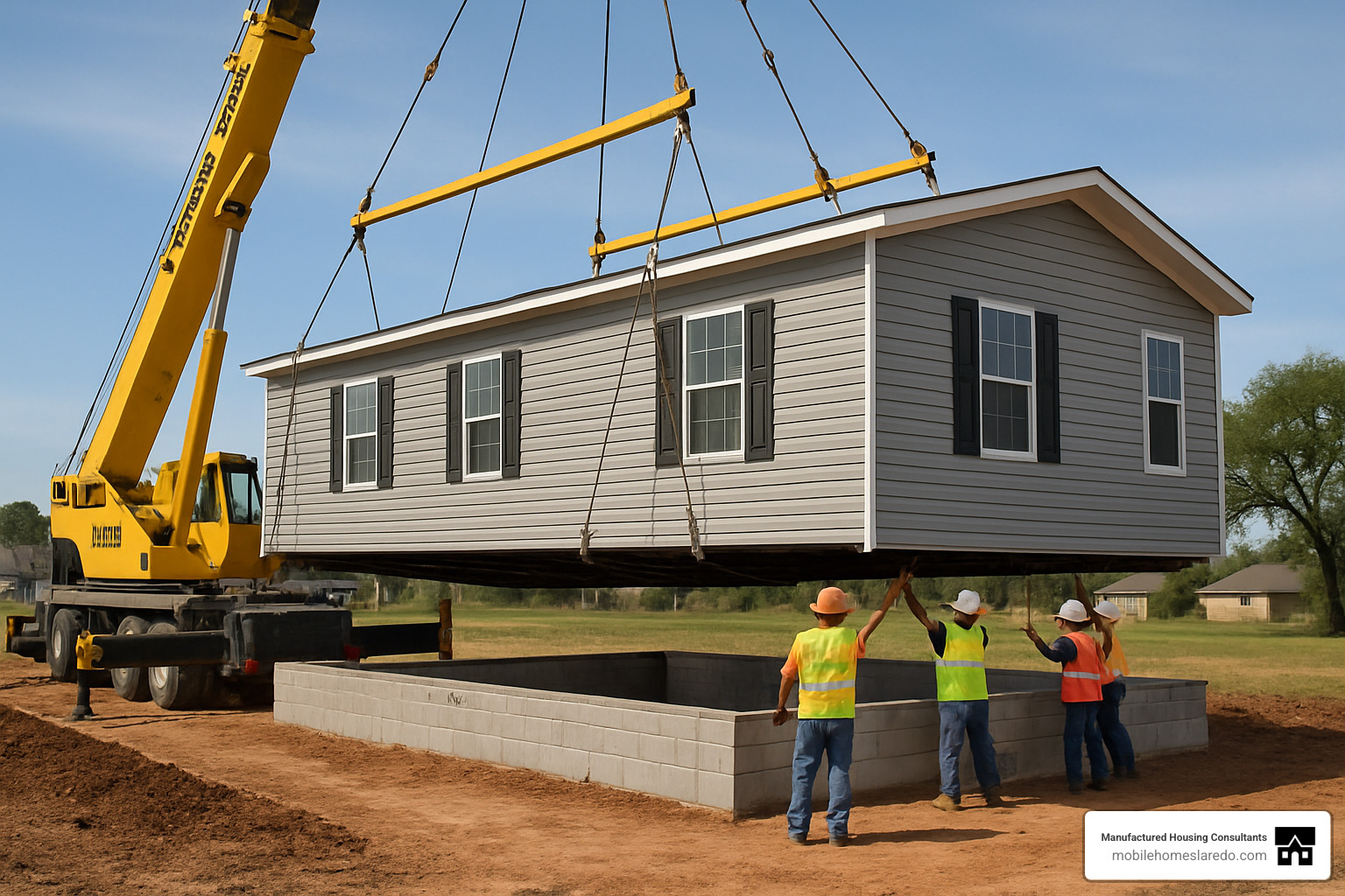 Home setup process with a manufactured home being placed on a prepared foundation - manufactured homes for sale in laredo tx Home setup process with a manufactured home being placed on a prepared foundation - manufactured homes for sale in laredo tx