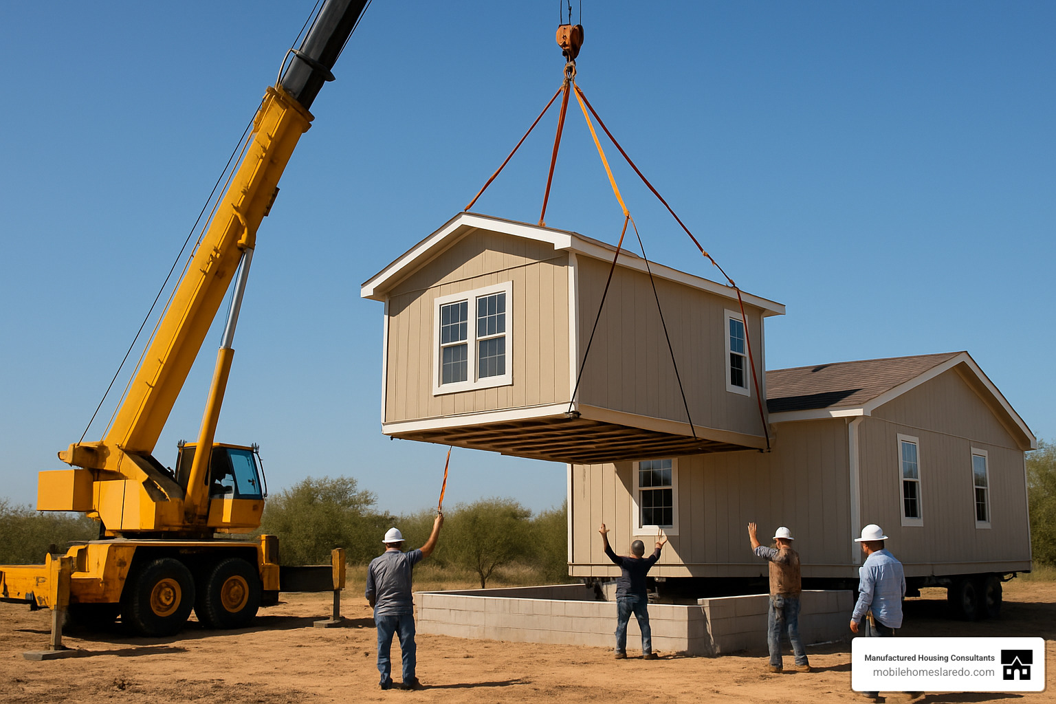 Crane setting a manufactured home section onto its foundation - manufactured homes for sale in laredo tx Crane setting a manufactured home section onto its foundation - manufactured homes for sale in laredo tx