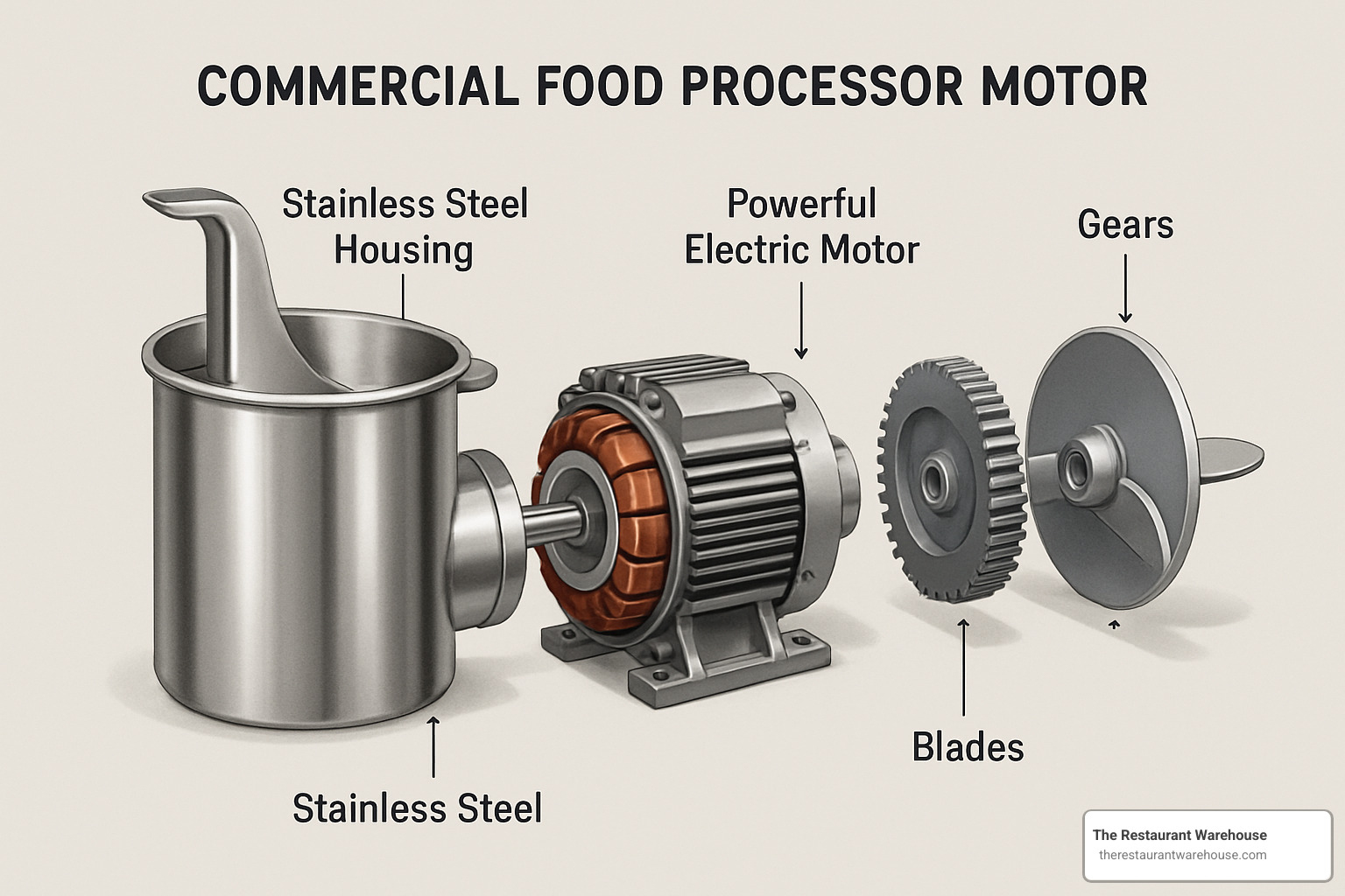 exploded view of commercial food processor motor - heavy duty kitchen equipment