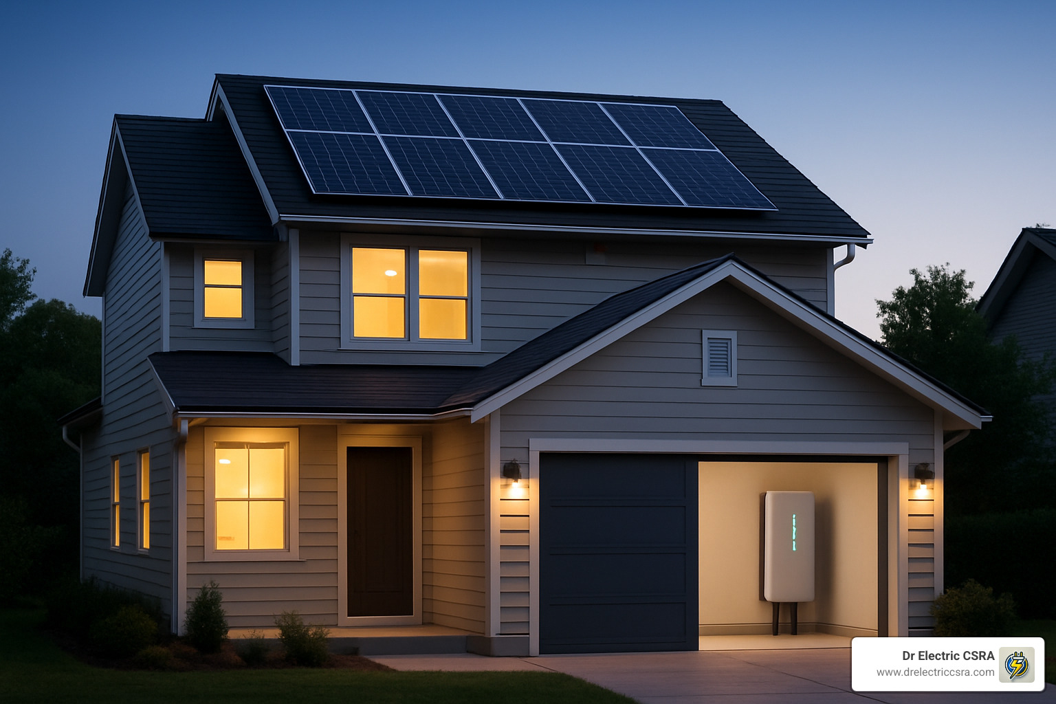 Modern home with solar panels on the roof and energy-efficient LED lighting, showcasing smart electrical technology integration for enhanced energy management.