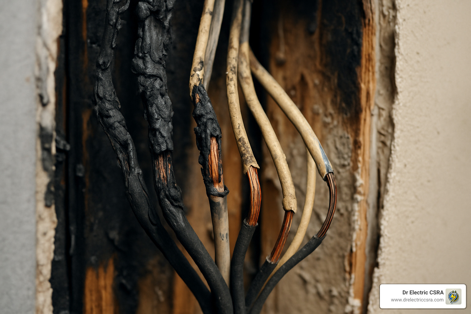 Damaged and charred electrical wiring with exposed conductors, highlighting fire hazards in older homes, relevant to electrical rewiring safety concerns in Augusta, GA.