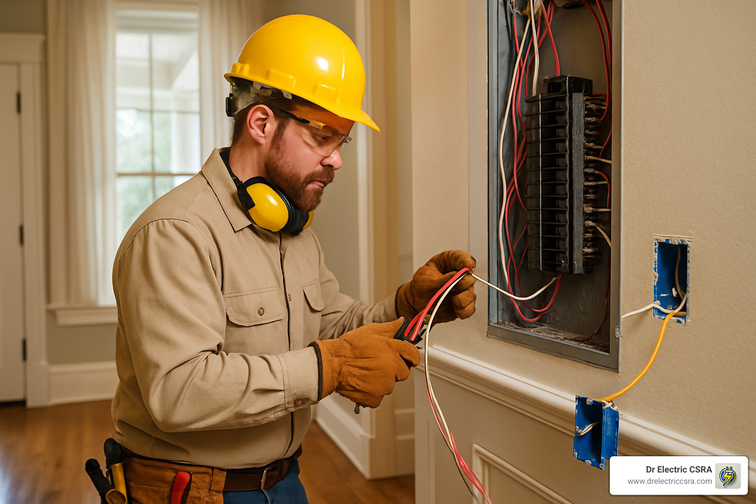 Electrician wearing safety gear working on electrical panel, rewiring home for safety and efficiency improvements in Augusta, GA.