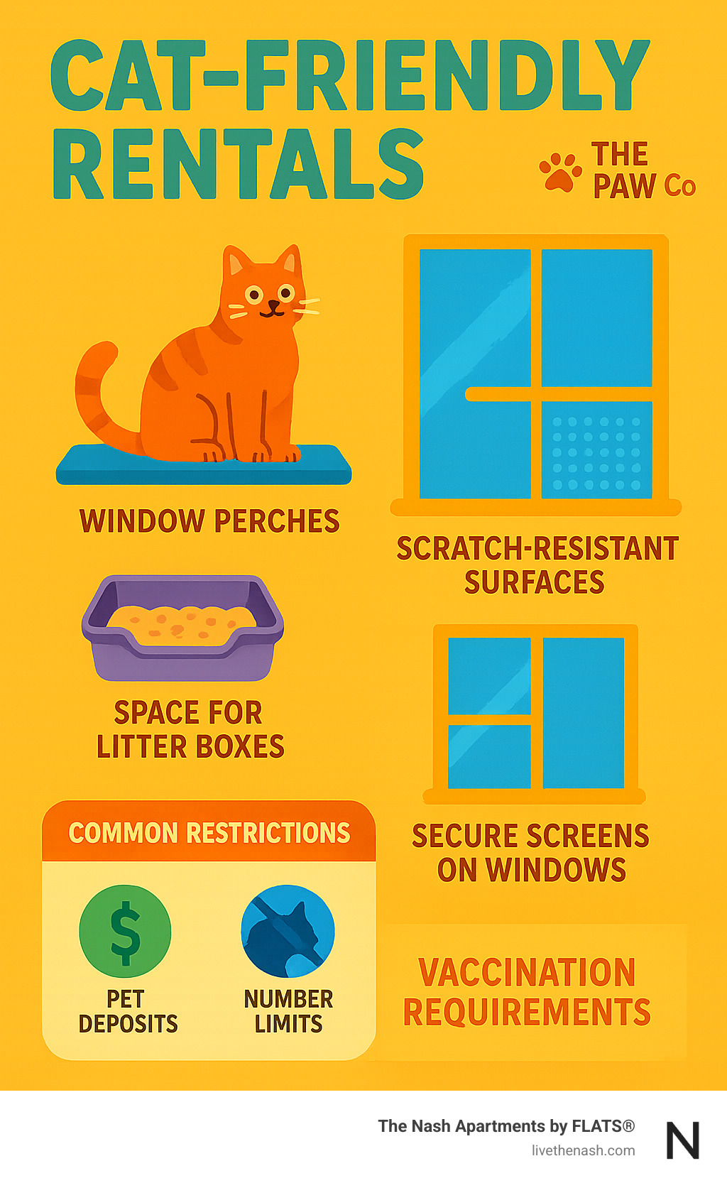 Infographic showing the key elements of cat-friendly rentals including window perches, scratch-resistant surfaces, space for litter boxes, secure screens on windows, and a list of common landlord restrictions such as pet deposits, number limits, and vaccination requirements - cat friendly rentals infographic 