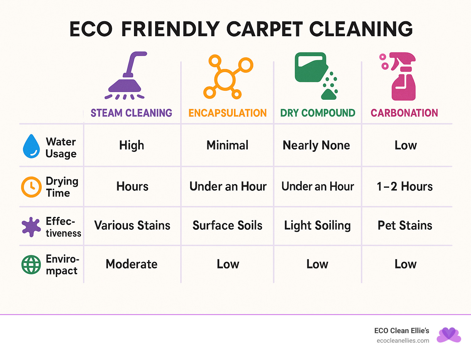 Comparison of eco-friendly carpet cleaning methods showing water usage, drying time, effectiveness for different stains, and environmental impact of each method, with steam cleaning, encapsulation, dry compound, and carbonation methods clearly compared - eco friendly carpet cleaning infographic 