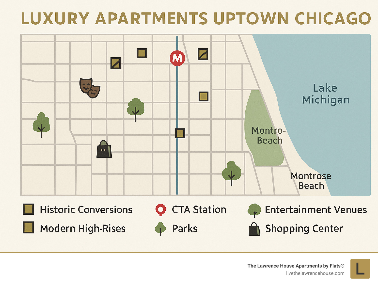Map of Uptown Chicago showing luxury apartment locations, proximity to Lake Michigan, CTA stations, entertainment venues, parks, and shopping centers, with a color-coded legend identifying historic conversions vs. modern high-rises - Luxury apartments Uptown Chicago infographic 