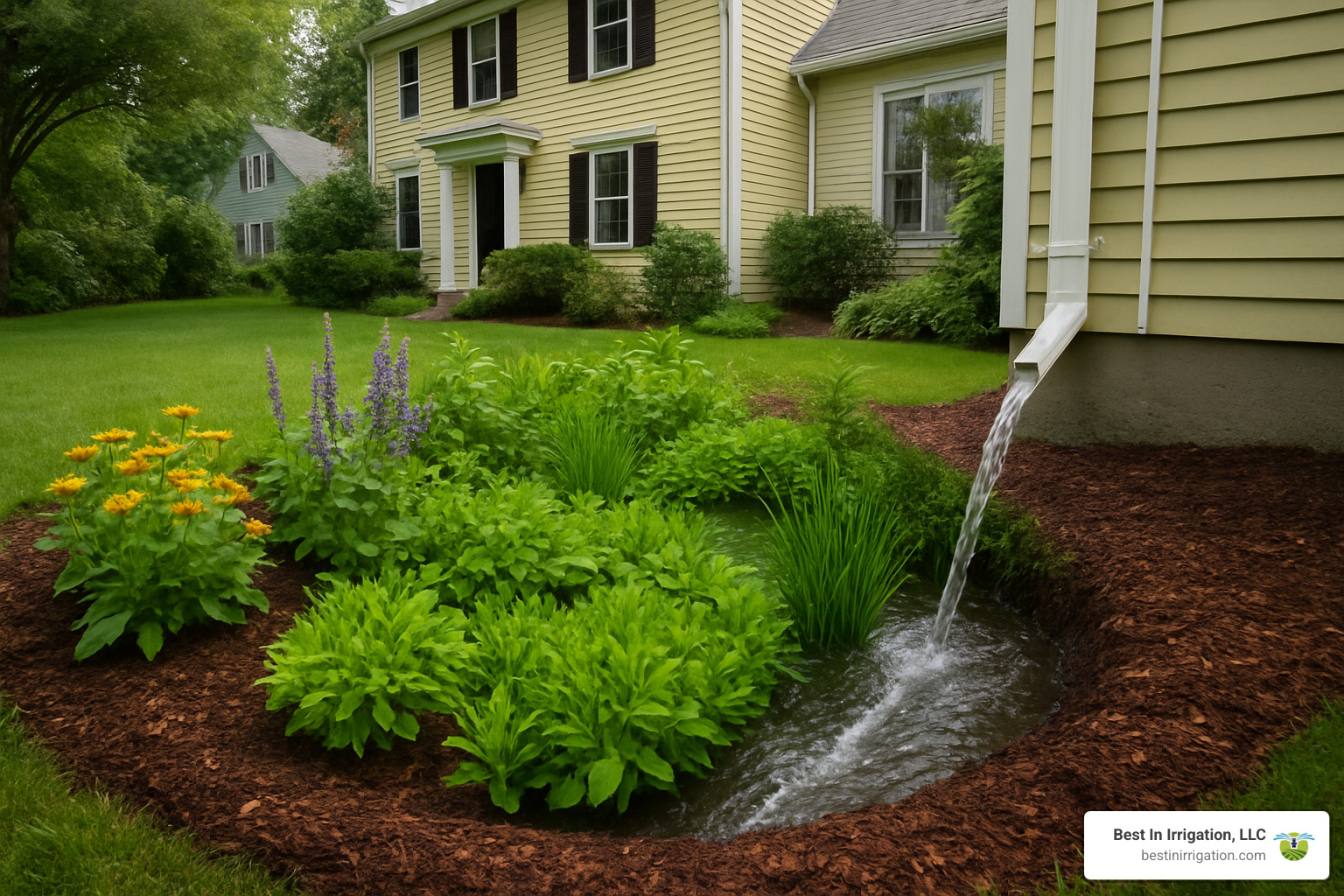 Rain garden capturing runoff - Water-saving irrigation techniques