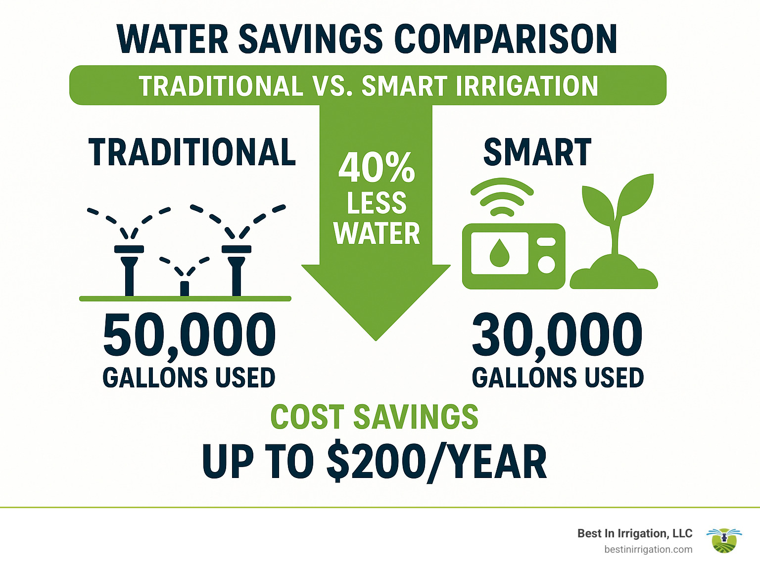 Water savings comparison between traditional and smart irrigation systems showing potential reduction in gallons used and cost savings - Water-saving irrigation techniques infographic 