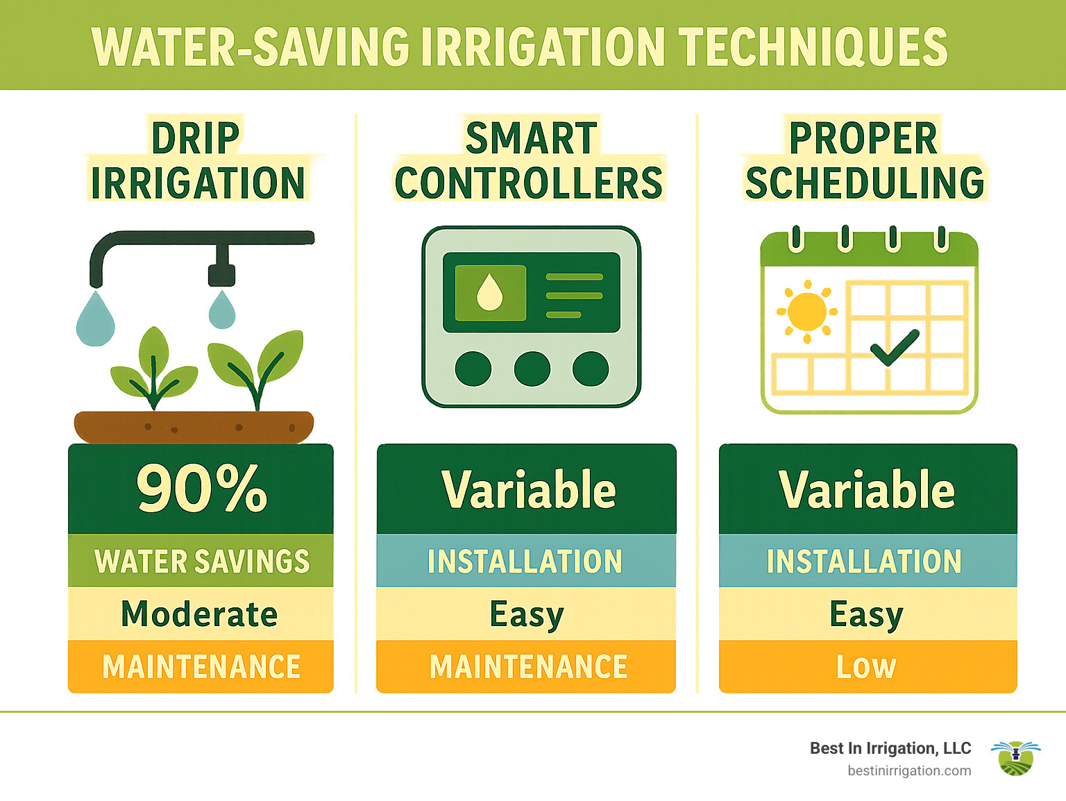 Comparison of water-saving irrigation techniques showing drip irrigation, smart controllers, and proper scheduling with their respective water savings percentages, installation complexity, and maintenance requirements - Water-saving irrigation techniques infographic 