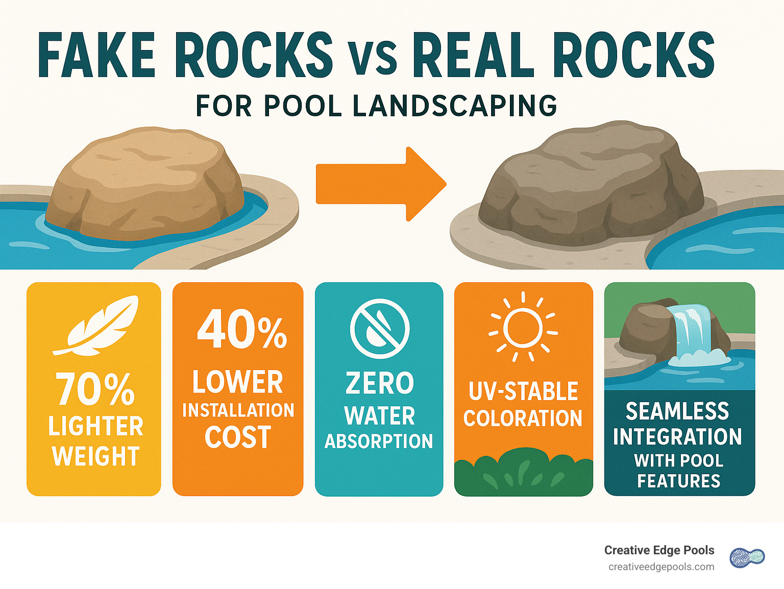 Comparison of fake vs real rocks for pool landscaping showing benefits including: 70% lighter weight, 40% lower installation cost, zero water absorption, UV-stable coloration, and seamless integration with pool features - backyard landscape ideas with fake rocks around inground pool infographic 