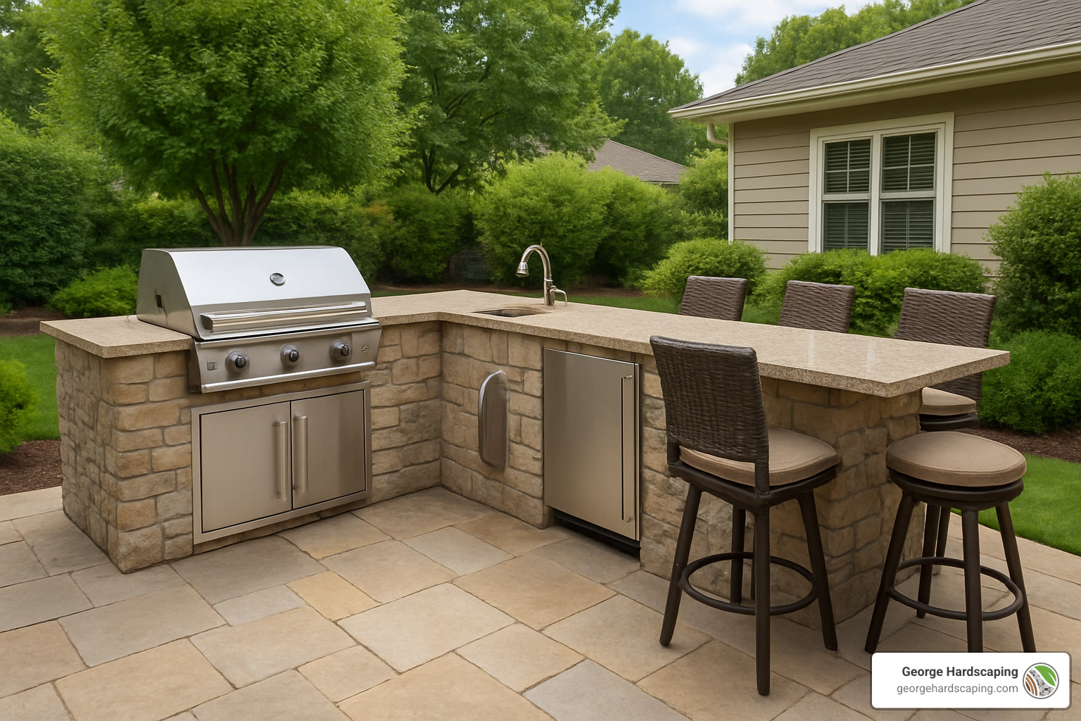 U-shaped outdoor kitchen layout with grill, sink, refrigerator, and bar seating - Outdoor Kitchens Installation