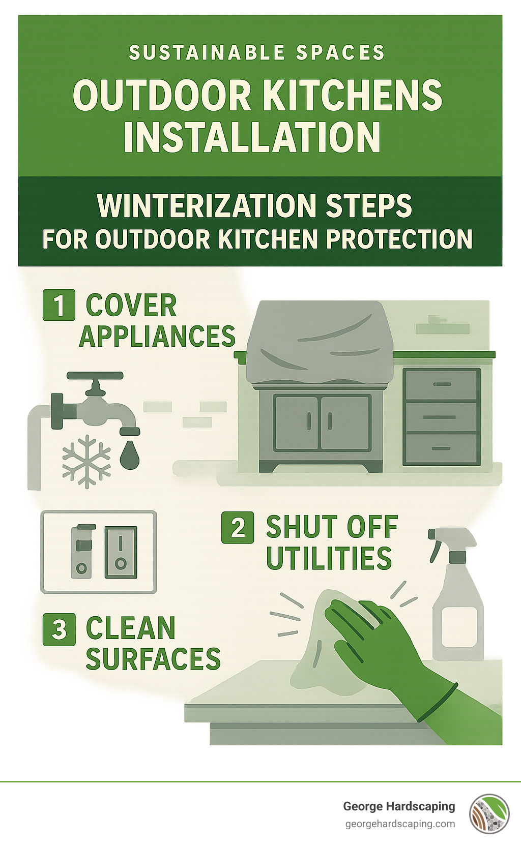 Winterization steps for outdoor kitchen protection including covering appliances, shutting off utilities, and cleaning surfaces - Outdoor Kitchens Installation infographic 