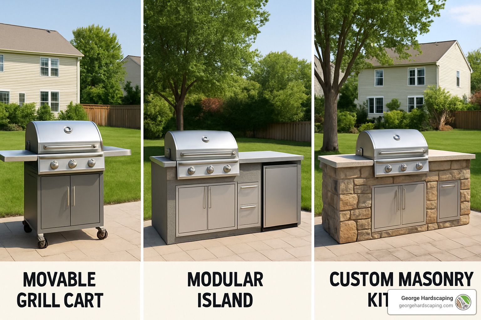 Three types of outdoor kitchen styles - movable cart, prefab island, and custom masonry - Outdoor Kitchens Installation