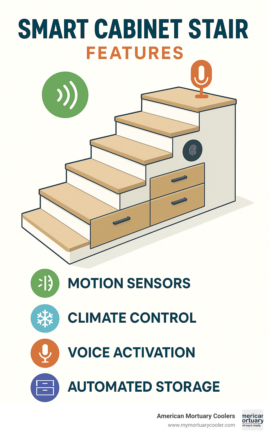 Smart cabinet stair features showing integrated technology including motion sensors, climate control, voice activation, and automated storage systems - cabinet stair infographic 