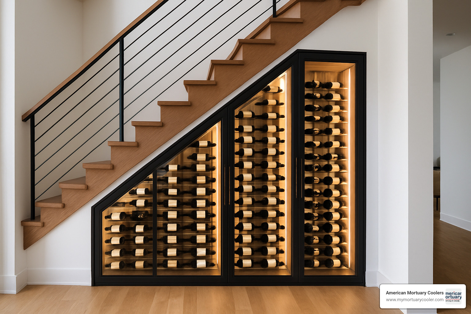 under stair wine cellar with glass front cabinets and LED lighting - cabinet stair