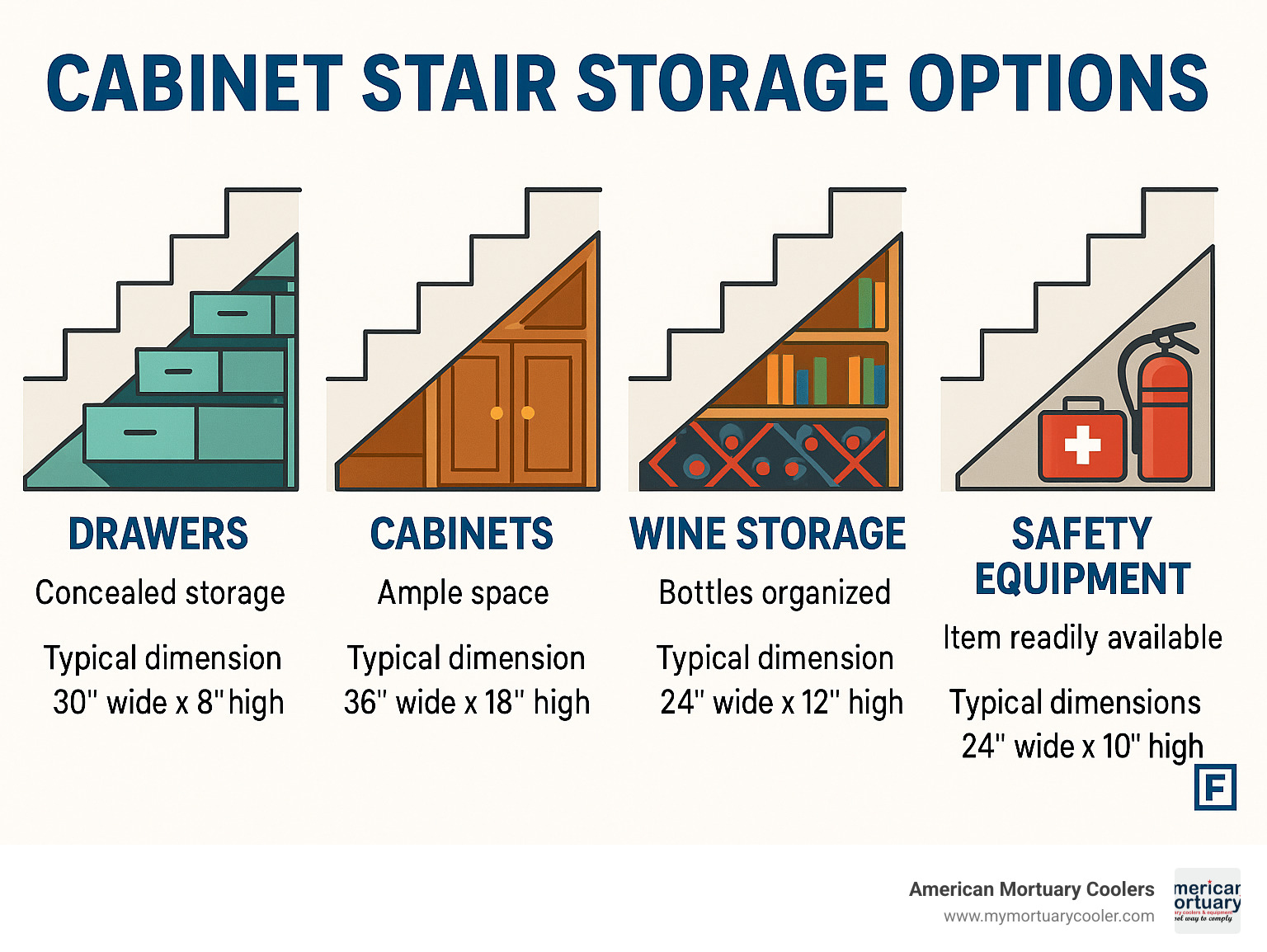 Cabinet stair storage options showing various configurations including drawers, cabinets, wine storage, bookshelves, and safety equipment storage with their respective benefits and typical dimensions - cabinet stair infographic 