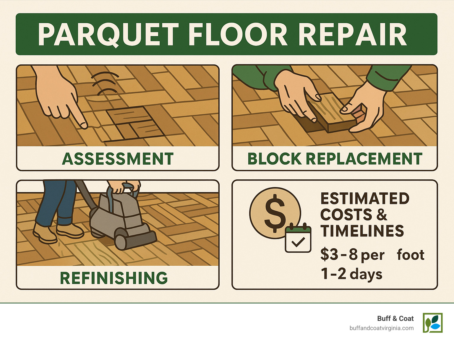 Detailed diagram showing parquet floor repair process with steps including assessment, block replacement, refinishing, and estimated costs and timelines - parquet floor repair near me infographic