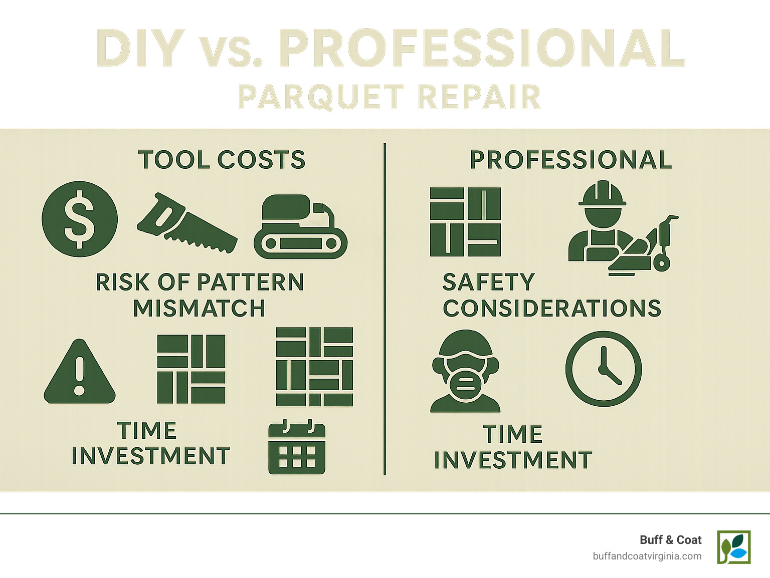 DIY vs professional parquet repair comparison - parquet floor repair near me infographic