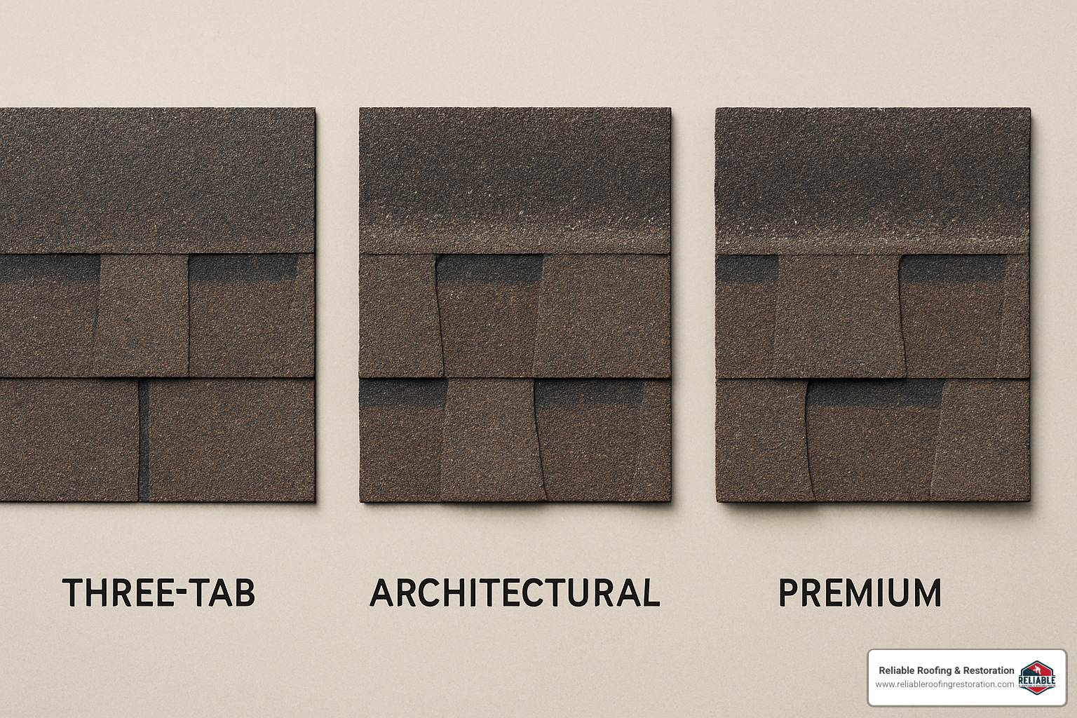 Shingle All the Way – Houston's Best Asphalt Roofers 3 comparison of three-tab, architectural and premium asphalt shingles with different textures and thicknesses - asphalt shingle roofers houston