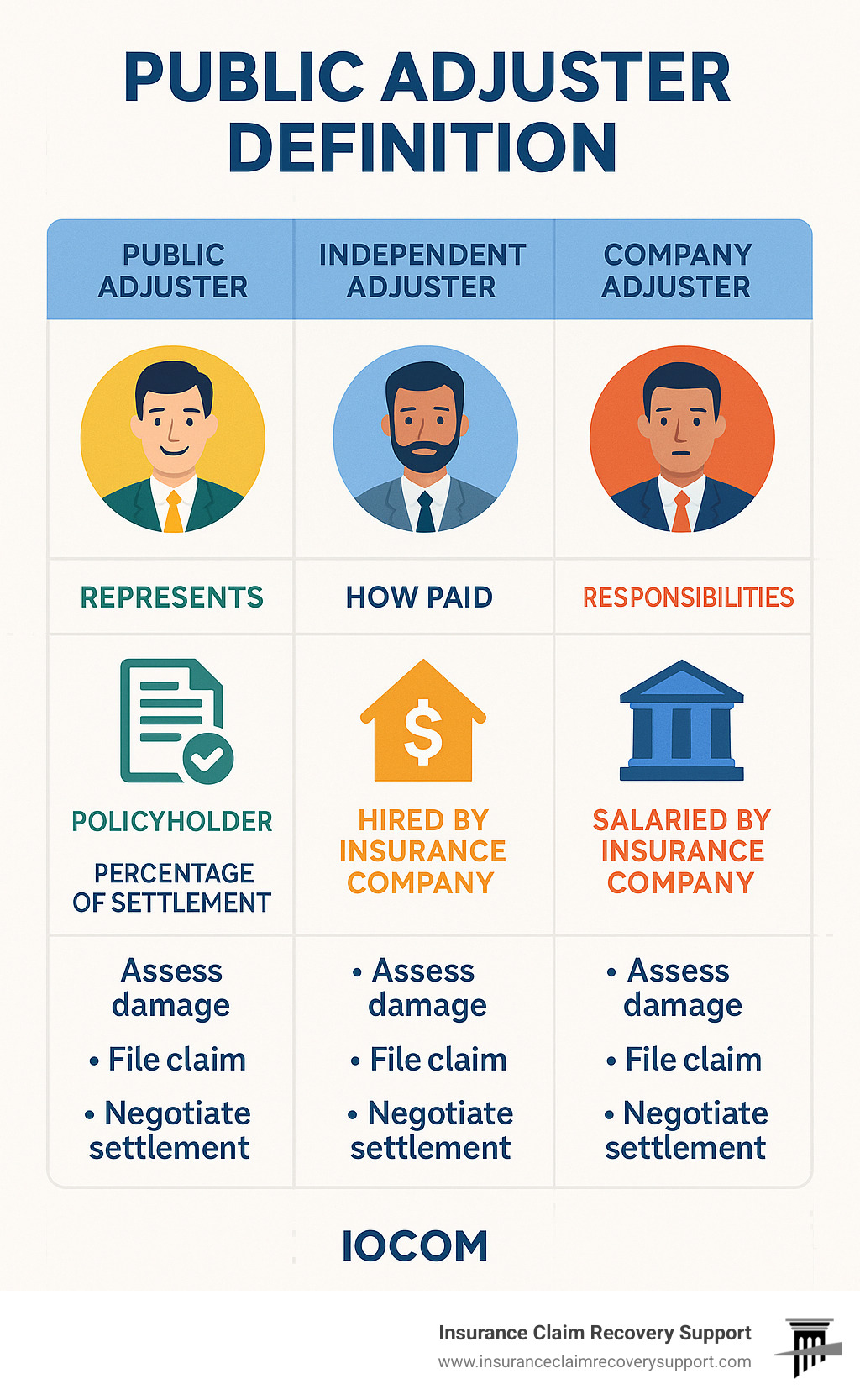 Public adjuster definition compared to other insurance adjusters showing who they represent, how they're paid, and their primary responsibilities in the claims process - public adjuster definition infographic 
