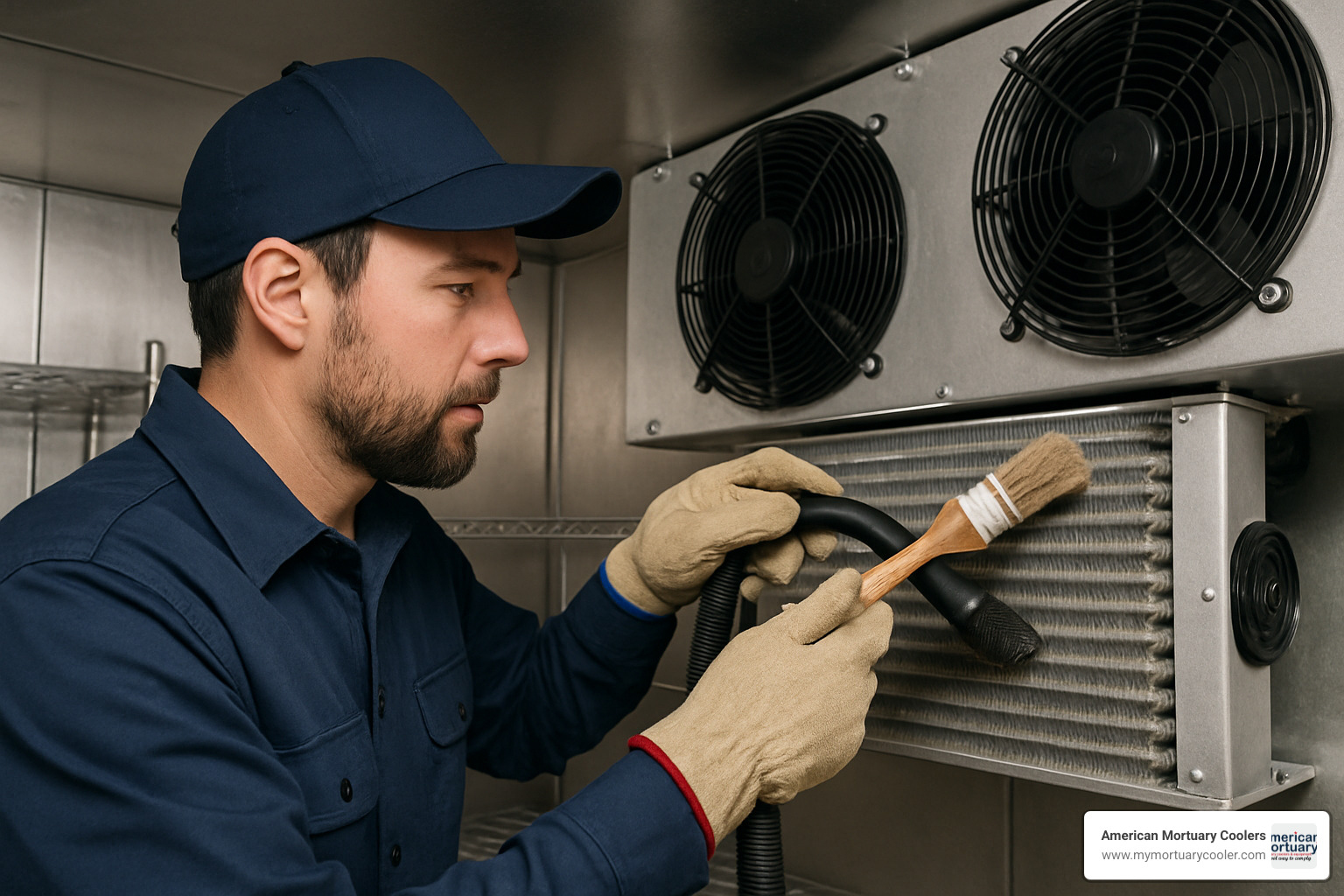 technician cleaning condenser coils - walk in cooler service